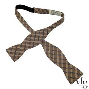SEIGO NEW YORK Brown Plaids & Cheks Adjustable Self Bow Tie Silk W:2.25" EX COND